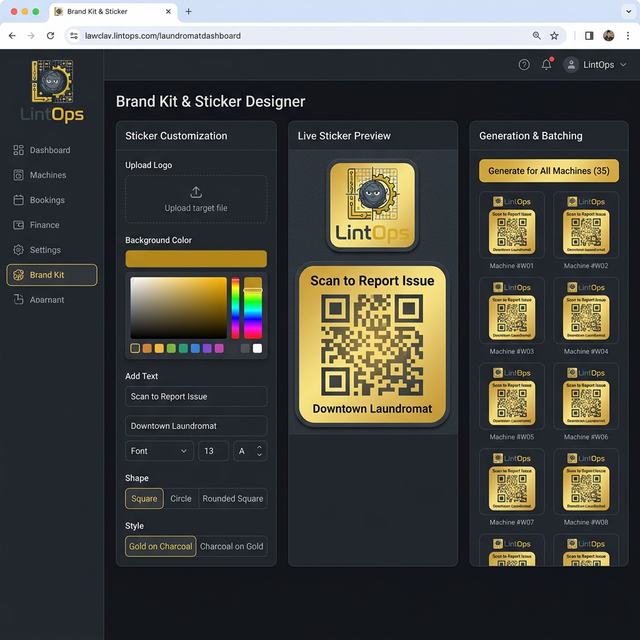 LintOps Brand Kit with QR sticker designer and customization options
