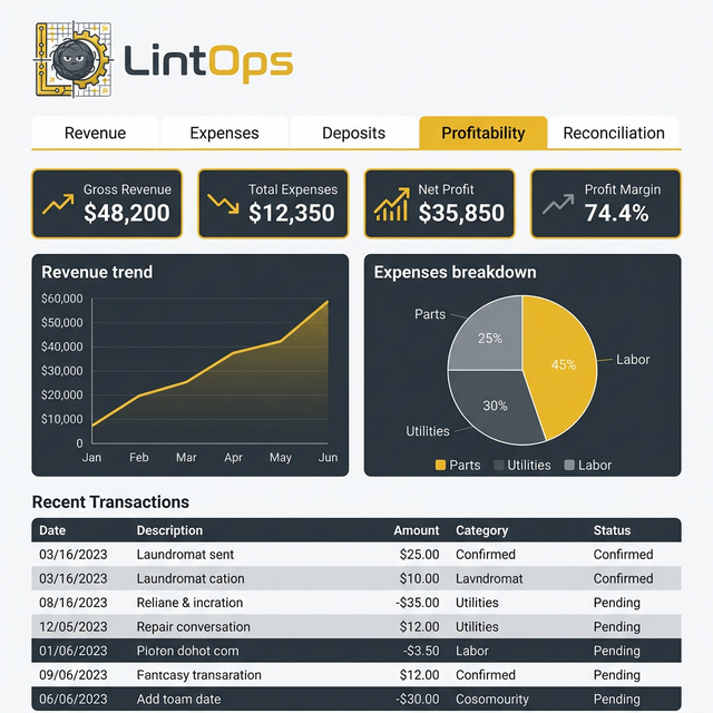 LintOps finance dashboard with revenue charts, expenses, and profitability