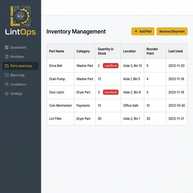 LintOps inventory management with parts tracking and low stock alerts