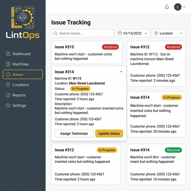 LintOps issue tracking dashboard with customer reports and status badges